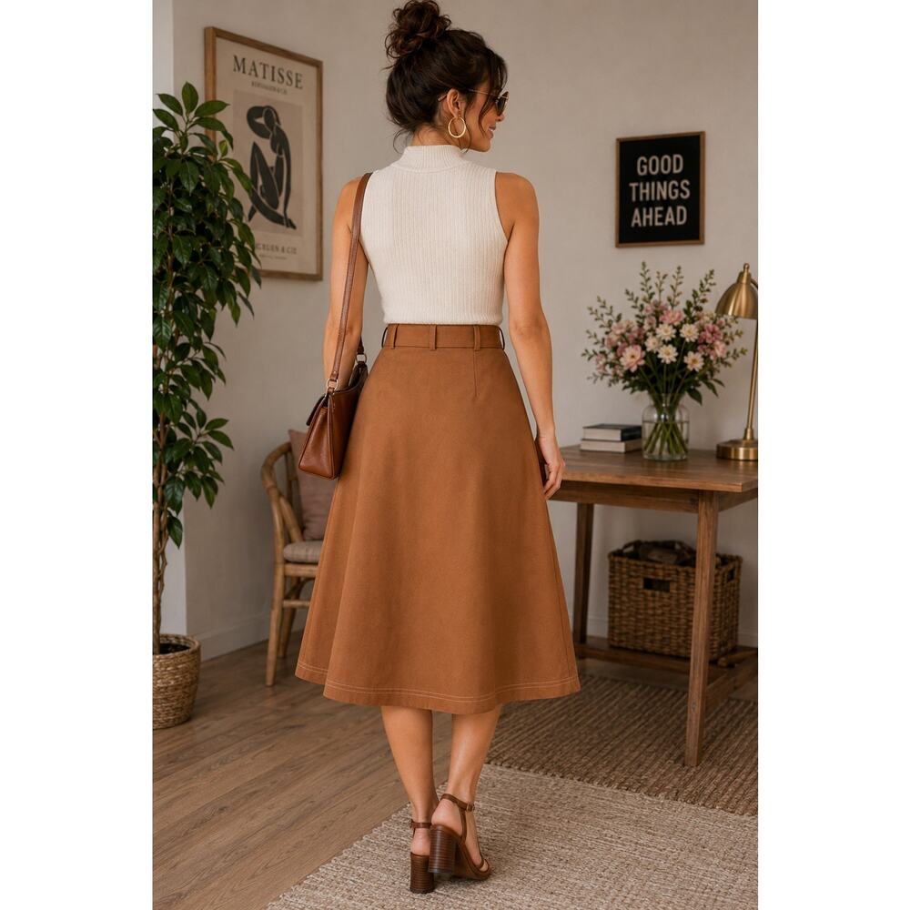 Tulip B Midi A-Line Skirt Belted Double Breasted Button Front & Pockets Large - Picture 2 of 7